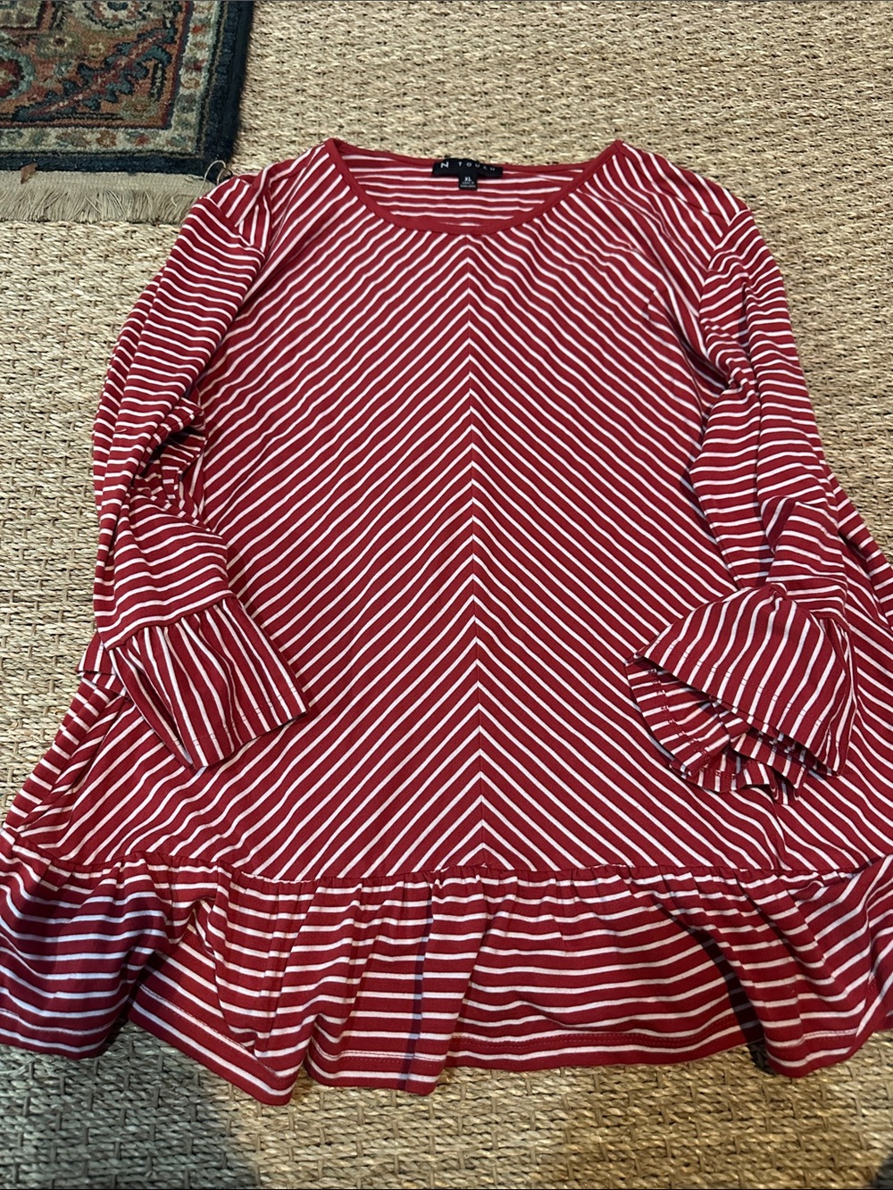 Navy & Red Striped Long-Sleeve Ruffle-Hem Tee